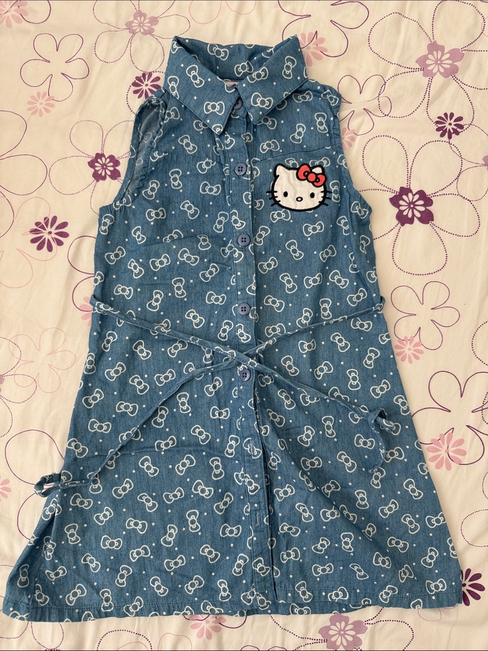 Hello Kitty Blue Denim Button-Front Dress with White Bow Print